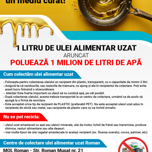 Poluarea cauzată de uleiul alimentar uzat – recomandări de la Primăria Roman