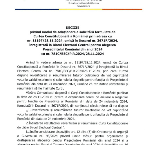 Curtea Constituțională a decis renumărarea voturilor pentru alegerile prezidențiale din 2024