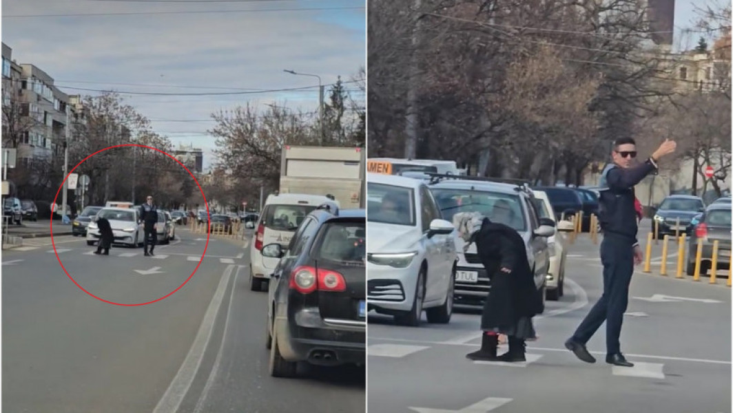 Un polițist din Ploiești oprește examenul auto pentru a ajuta o bătrână să traverseze strada. Momentul a fost înregistrat cu telefonul de un șofer și distribuit pe rețelele sociale cu mesajul "Așa arată normalitatea!