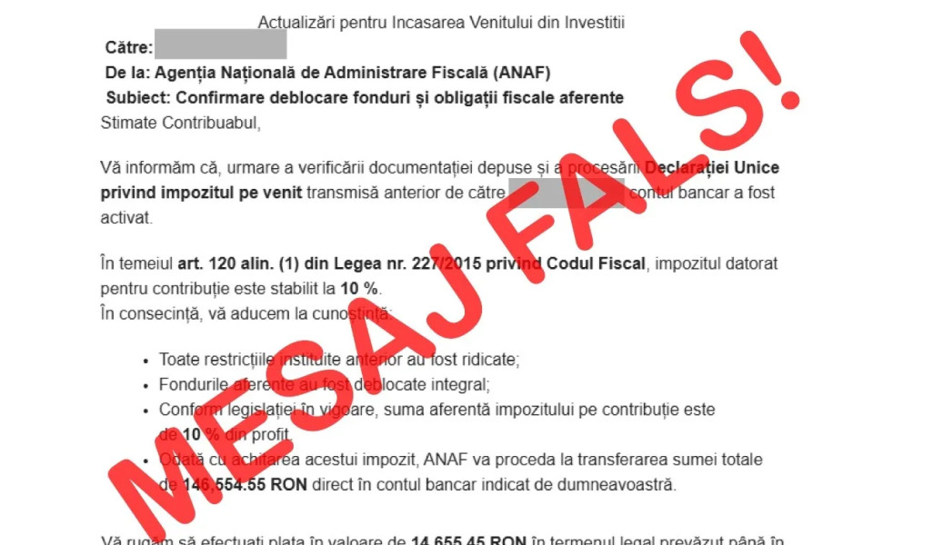 ANAF avertizează asupra mesajelor false din numele instituției trimise de info@anaf.io
