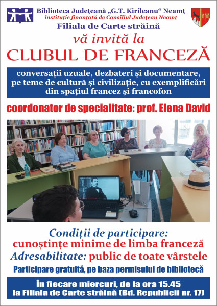 Clubul de franceză de la Biblioteca Județeană Neamț reîncepe activitatea pe 17 septembrie