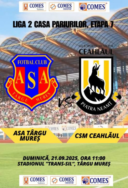 CSM Ceahlăul întâlnește ASA Târgu Mureș într-un meci echilibrat duminică