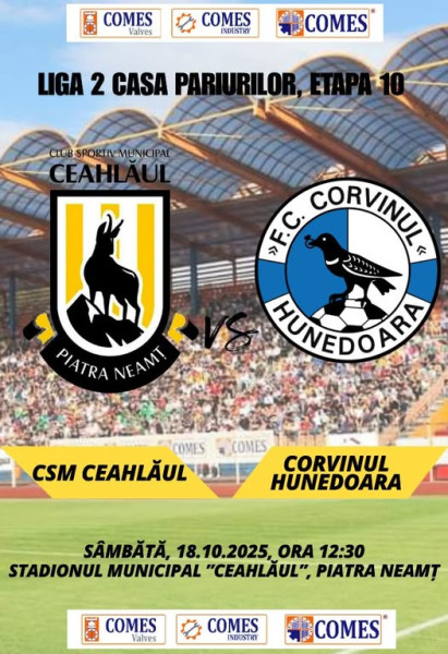 CSM Ceahlăul întâlnește liderul Corvinul Hunedoara în etapa a zecea a Ligii 2