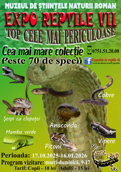 Expoziția „Reptile vii” aduce peste 70 de specii exotice la Muzeul din Roman