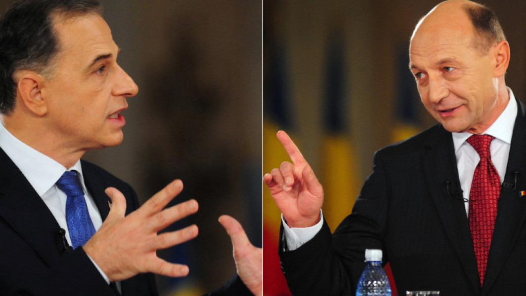 Titlu de știri: "Băsescu afirmă în exclusivitate că l-a învins pe Geoană de două ori în alegeri și neagă acuzațiile de fraudă
